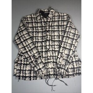 MNML Jacket Mens Size M White Black Button Woven Shacket Raw Hem Plaid Metallic